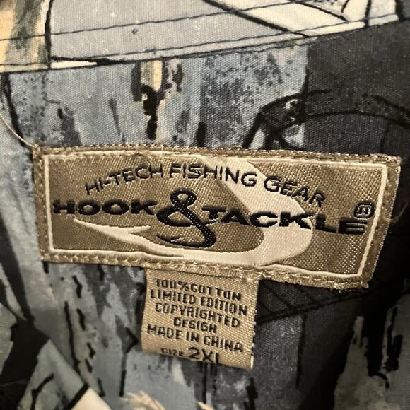 HOOK & TACKLE Men’s Hawaiian Shirt Fish Fishing Sailboats Hibiscus Size 2XL Big - Picture 2 of 13